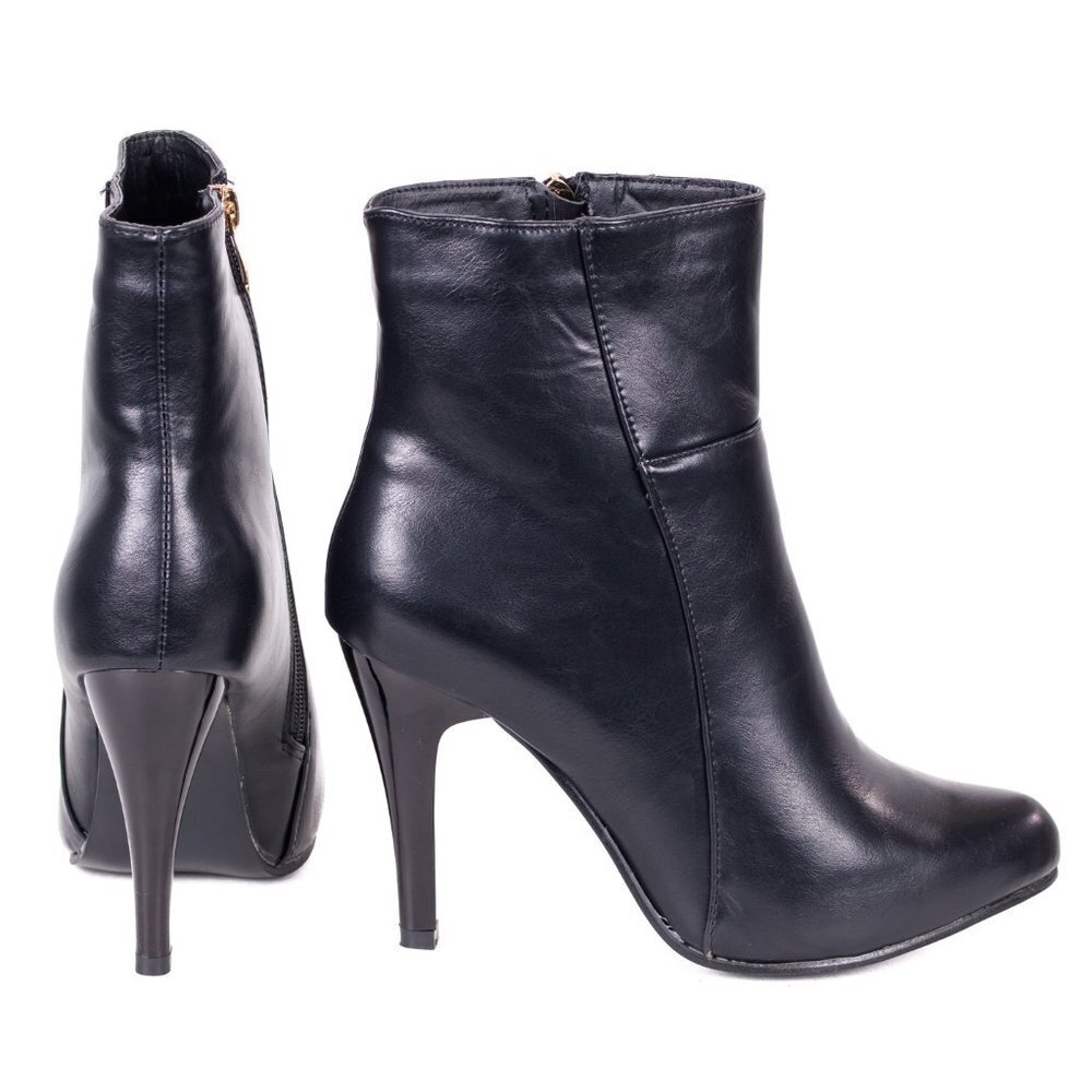 Women's Ankle Booties, Fashion Zipper Black 10" Faux Leather Heel Boots, SB-2001 - Picture 2 of 6
